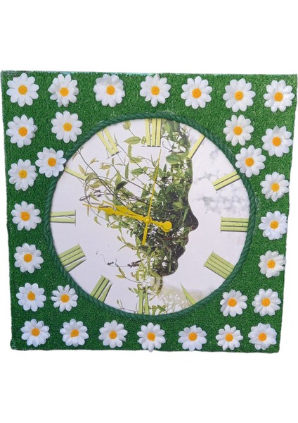 Yapay Çimli Papatyalı Ahşap 3D Doğa Duvar Saati 40*40 cm modelleri