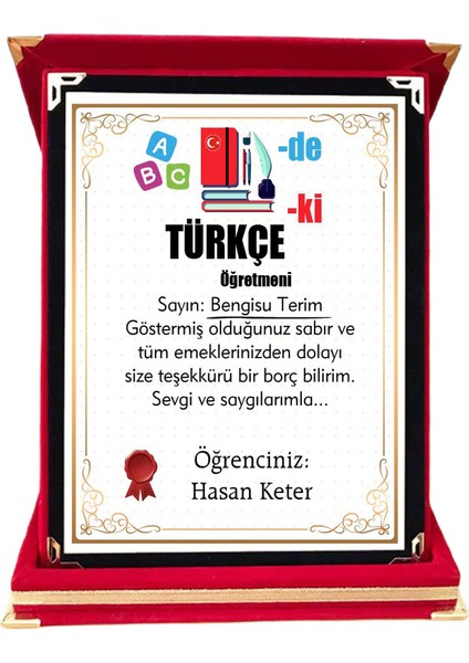 Türkçe Öğretmenine Hediye Plaket