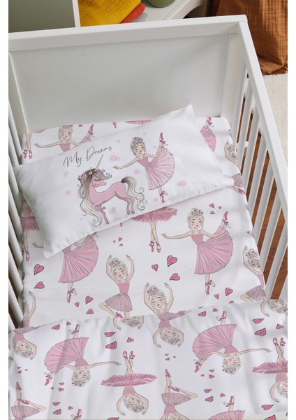 Anne Yanı Beşik Nevresim Takımı (60X100) - For Baby Serisi - Pembe Balerin ve Unicorn