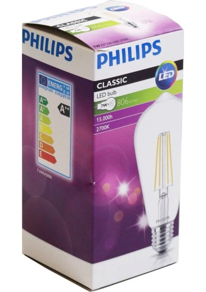 Philps LED Classic 7W/60W ST64 E27 Dim Edilemez 2700K (Sarı) LED Filament Ampul
