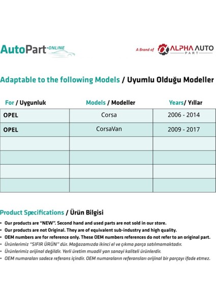 Opel Corsa ve Corsavan için İç Kapı Kolu Pimi fiyatları
