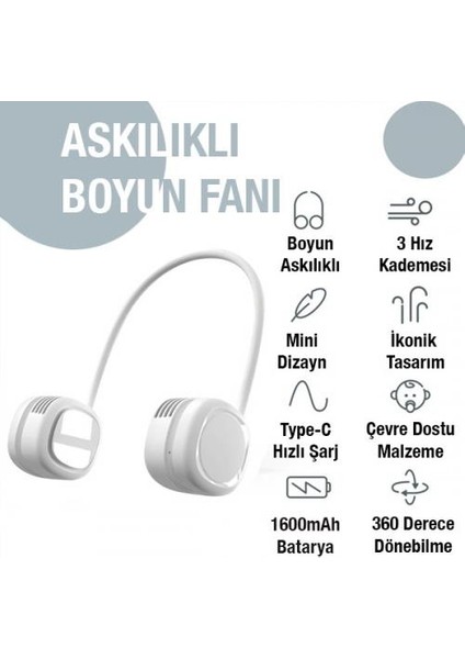 1600MAH Kulaklık Tasarımlı Askılıklı Taşınabilir 3 Kademeli Şarjlı Boyun Fanı Boyun Vantilatör Soğutucu