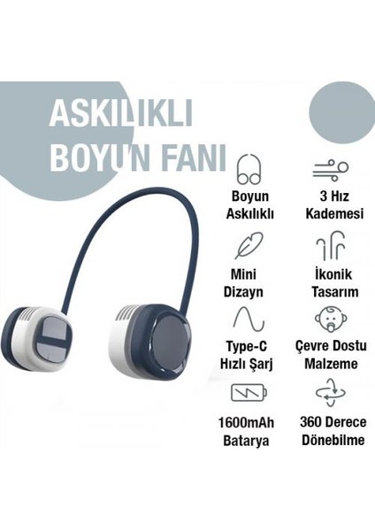 1600MAH Kulaklık Tasarımlı Askılıklı Taşınabilir 3 Kademeli Şarjlı Boyun Fanı Boyun Vantilatör Soğutucu