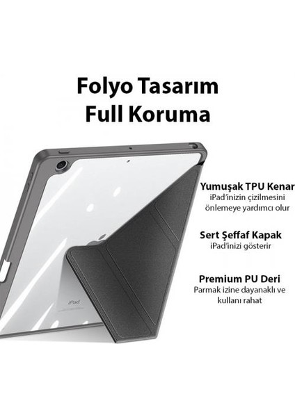 Kalem Yerli Standlı Uyku Modlu Sert Şeffaf Arka Kapak iPad 10.9 2022 Kılıf Kapaklı Tablet Kılıfı