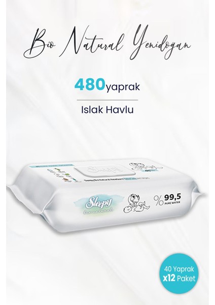 Bio Natural Yenidoğan Islak Havlu 40'lı x 12 (480 Yaprak)