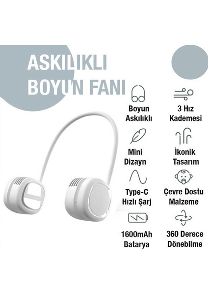 1600MAH Şarjlı Ayarlanabilir Boyun Askılı Şık Görünümlü Boyun Vantilatörü, Askılıklı Mini Fan