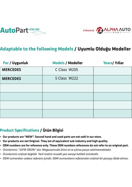 Mercedes C Class W205,S Class W222 Için Sunroof Parçası