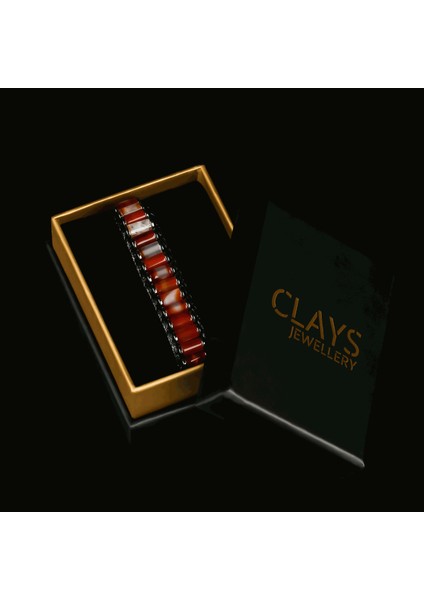 Clays Jewellery Kırmızı Akik & Hematit Taşı Silindir Bileklik, Unisex / Kadın / Erkek