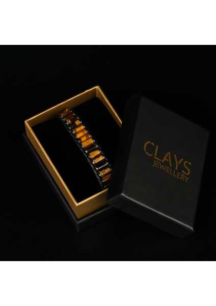 Clays Jewellery Kaplan Gözü & Hematit Taşı Silindir Bileklik, Unisex / Kadın / Erkek