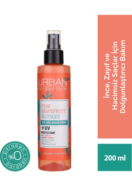 URBAN Care Pink Grapefruit&Ginger İnce Telli Saçlar Dolgunlaştırıcı Sıvı Saç Bakım Kremi-Vegan-200ML