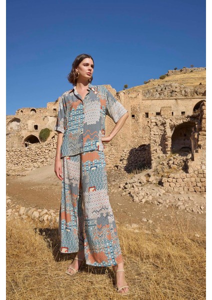 Etnik Desenli Gömlek Yakalı Önü Düğmeli Pijama Takımı modelleri