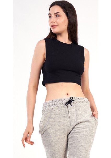 Kadın Siyah Kolsuz Crop - Atlet