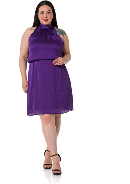 Büyük Beden Boyundan Bağlamalı Beli Lastikli Mini Saten Mor Elbise