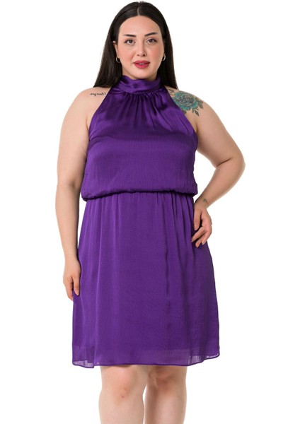 Büyük Beden Boyundan Bağlamalı Beli Lastikli Mini Saten Mor Elbise fiyatları
