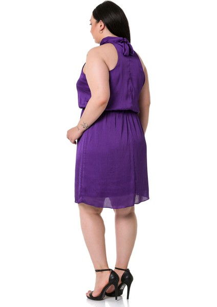 Büyük Beden Boyundan Bağlamalı Beli Lastikli Mini Saten Mor Elbise modelleri