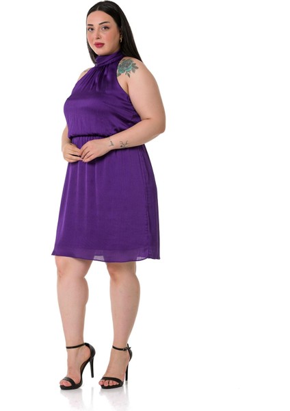 Büyük Beden Boyundan Bağlamalı Beli Lastikli Mini Saten Mor Elbise fırsatları