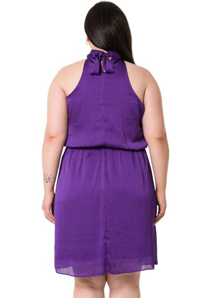 Büyük Beden Boyundan Bağlamalı Beli Lastikli Mini Saten Mor Elbise indirimleri