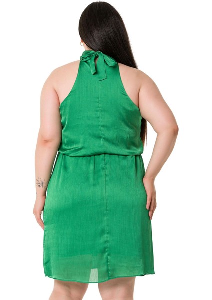 Büyük Beden Boyundan Bağlamalı Beli Lastikli Mini Saten Yeşil Elbise indirimleri