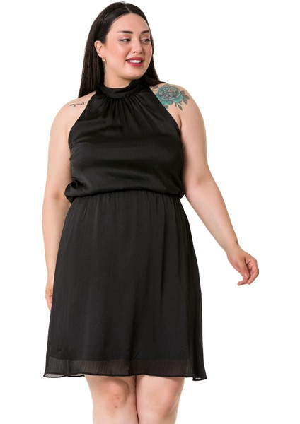 Büyük Beden Boyundan Bağlamalı Beli Lastikli Mini Saten Siyah Elbise fiyatları