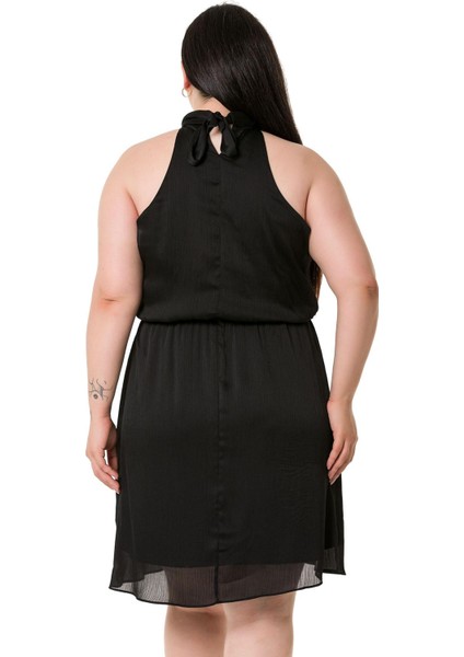 Büyük Beden Boyundan Bağlamalı Beli Lastikli Mini Saten Siyah Elbise indirimleri