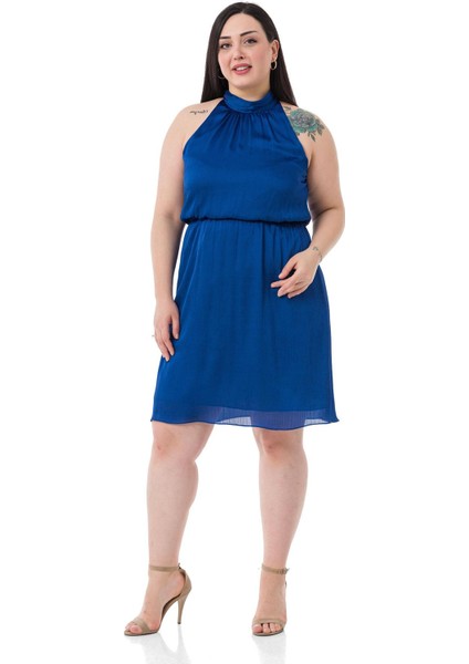 Büyük Beden Boyundan Bağlamalı Beli Lastikli Mini Saten Saks Mavi Elbise