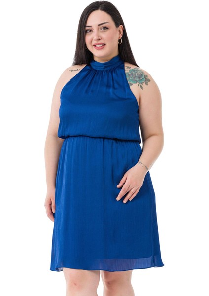 Büyük Beden Boyundan Bağlamalı Beli Lastikli Mini Saten Saks Mavi Elbise fiyatları