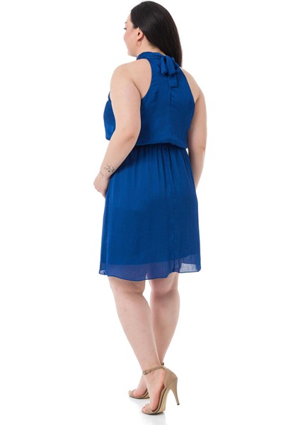 Büyük Beden Boyundan Bağlamalı Beli Lastikli Mini Saten Saks Mavi Elbise modelleri