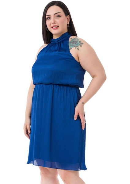 Büyük Beden Boyundan Bağlamalı Beli Lastikli Mini Saten Saks Mavi Elbise fırsatları