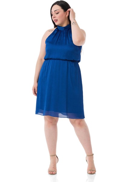 Büyük Beden Boyundan Bağlamalı Beli Lastikli Mini Saten Saks Mavi Elbise indirimleri