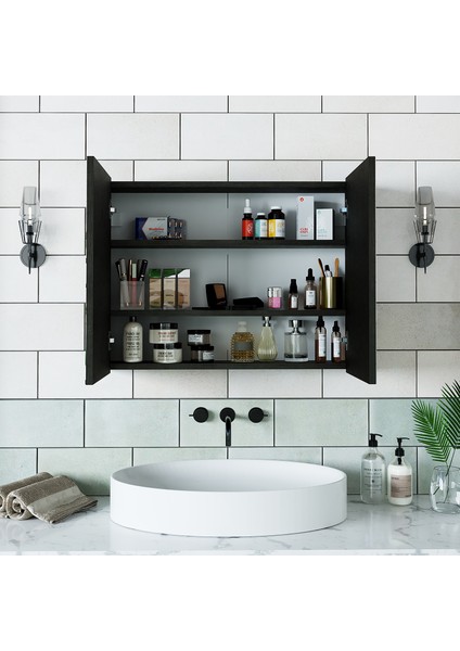 Ad7 Kulpsuz 2 Kapaklı Ahşap Siyah Suntalam 80 cm Aynalı Banyo Üst Dolabı fırsatları