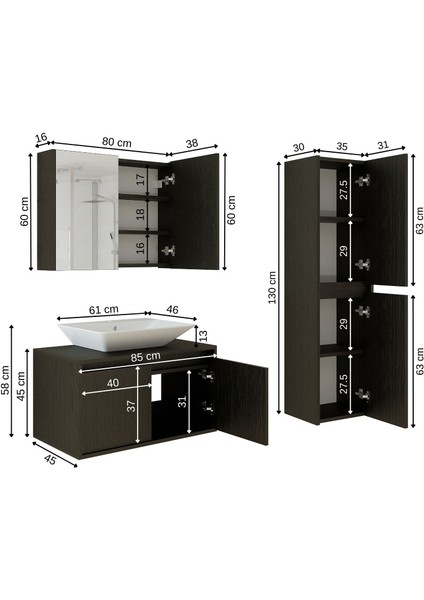 Lavabolu Ahşap Siyah Suntalam 85 cm Banyo Dolabı + Aynalı Banyo Üst Dolabı + Boy Dolabı fiyatları