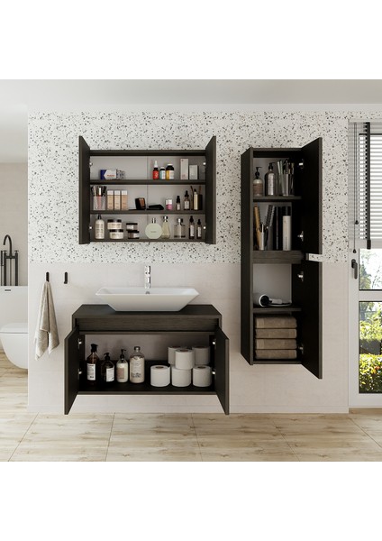 Lavabolu Ahşap Siyah Suntalam 85 cm Banyo Dolabı + Aynalı Banyo Üst Dolabı + Boy Dolabı fırsatları