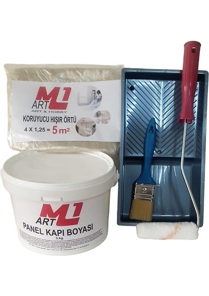 M1 Art Beyaz Su Bazlı Panel Kapı Boyası 3 kg Tava+Rulo+Örtü +Fırça -Set