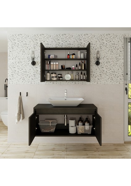 Lavabolu Ahşap Siyah Suntalam 100 cm Banyo Dolabı + Aynalı Banyo Üst Dolabı modelleri