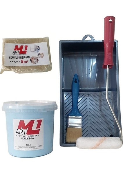 Mavi Akrilik Boya 1.kg Tava+Rulo+Örtü +Fırça -Set -Ahşap, Tuval, Seramik , Duvar ,taş