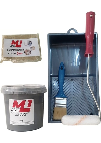 Gri Akrilik Boya 1.kg Tava+Rulo+Örtü +Fırça -Set -Ahşap, Tuval, Seramik , Duvar ,taş