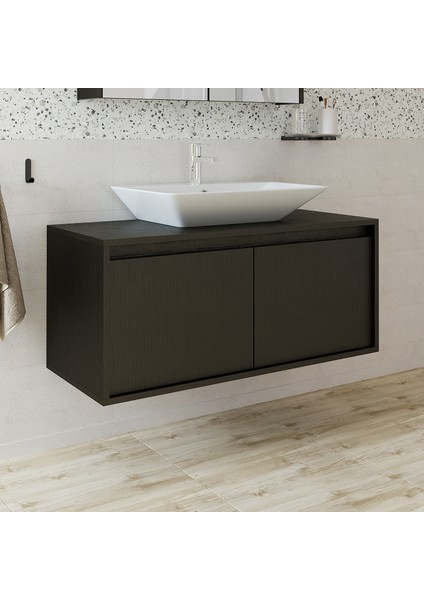 Ayaksız 2 Kapaklı Lavabolu Ahşap Siyah Suntalam 100 cm Banyo Dolabı
