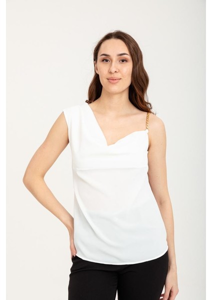 Kadın Askılı Omzu Zincirli Bluz Beyaz