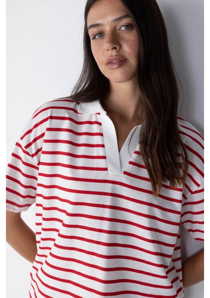 Relax Fit Çizgili Kısa Kollu Polo Tişört A8365AX23SM fırsatları