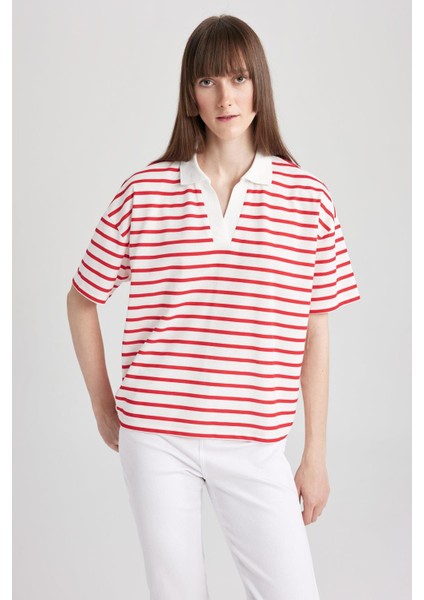 Relax Fit Çizgili Kısa Kollu Polo Tişört A8365AX23SM