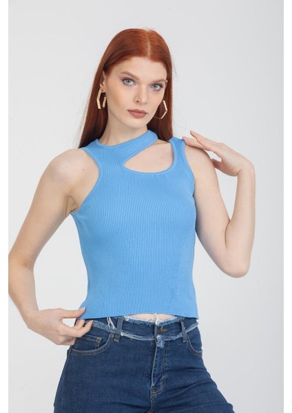 Kadın Yaka Detaylı Kolsuz Bluz Mavi