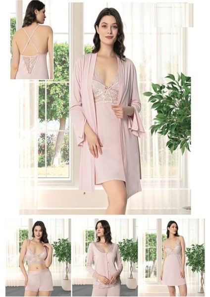 9620 Kadın Çeyizlik Dantelli Penye 6'lı Set Pudra