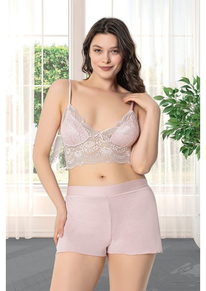 9620 Kadın Çeyizlik Dantelli Penye 6'lı Set Pudra modelleri