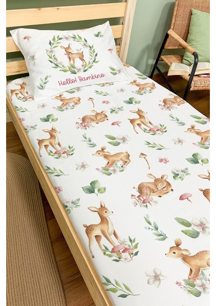 Tuğba Kuğu Lastikli Çarşaf Seti (120 x 200 + 20 cm) - For Baby Serisi - Çember Içinde Kuş ve Bambi