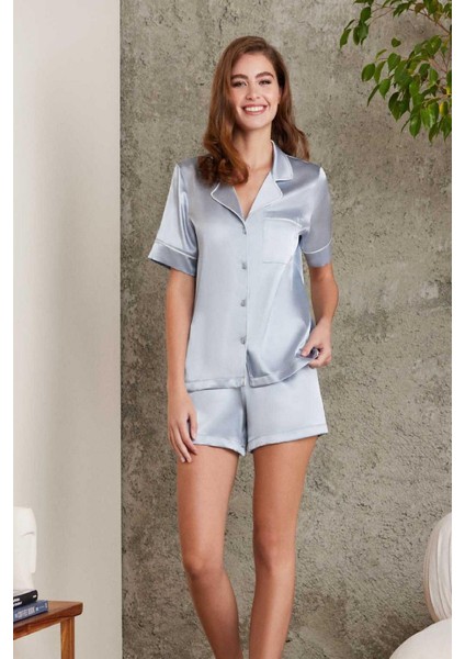 1205 Kadın Saten Önden Düğmeli Şortlu Pijama Takım-Mist