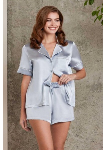 1205 Kadın Saten Önden Düğmeli Şortlu Pijama Takım-Mist fiyatları