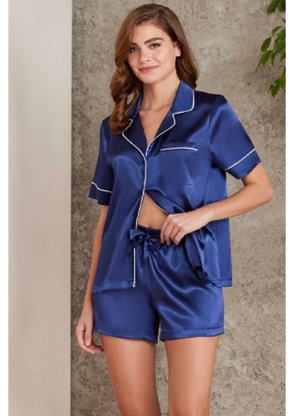 1205 Kadın Saten Önden Düğmeli Şortlu Pijama Takım-Lacivert fiyatları