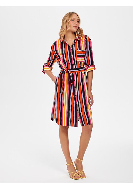 Renkli Çizgili Poplin Elbise 66284