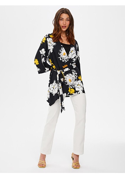 Monochrom Çiçek Desenli Kimono 66493