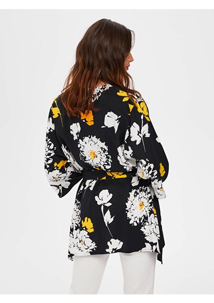 Monochrom Çiçek Desenli Kimono 66493